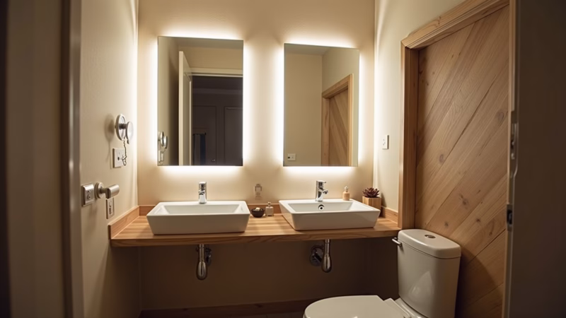 Small bathroom, strategic lighting, mirror spots, LED strips, cozy atmosphere, natural light, 8K, Iluminação inteligente em banheiro pequeno com spots e fitas de LED.