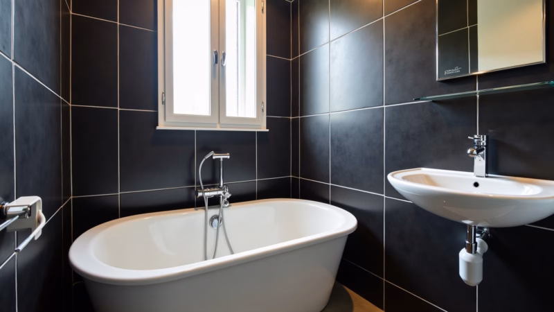 Sophisticated bathroom with black tiles, natural light, white fixtures, 8K quality, professional Banheiro sofisticado com azulejos pretos.