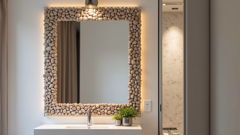 Banheiro estiloso com espelho decorado com pedras.