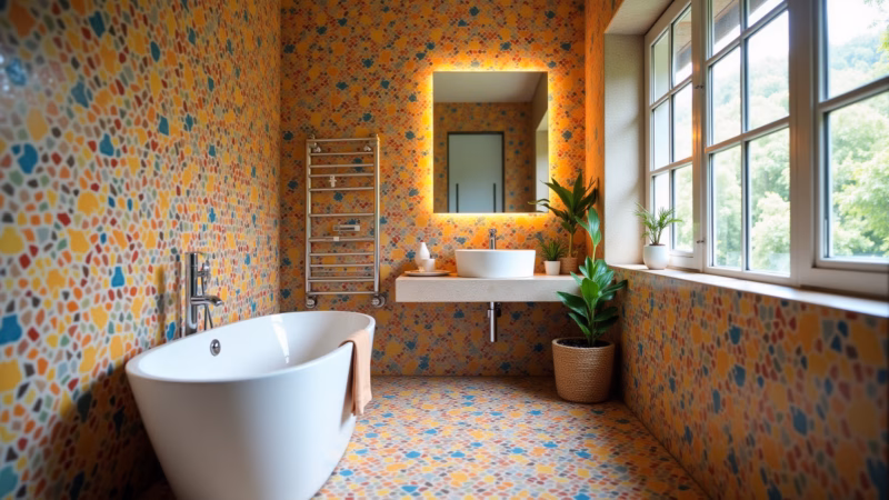 Vibrant bathroom with colorful tiles, natural light, 8K quality, professional photography, balanced Banheiro alegre com azulejos coloridos e vibrantes.
