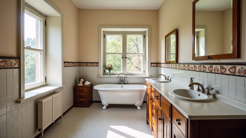 Vintage bathroom with retro patterned tiles, natural light, wooden furniture, 8K quality, Banheiro vintage com azulejos retrô.