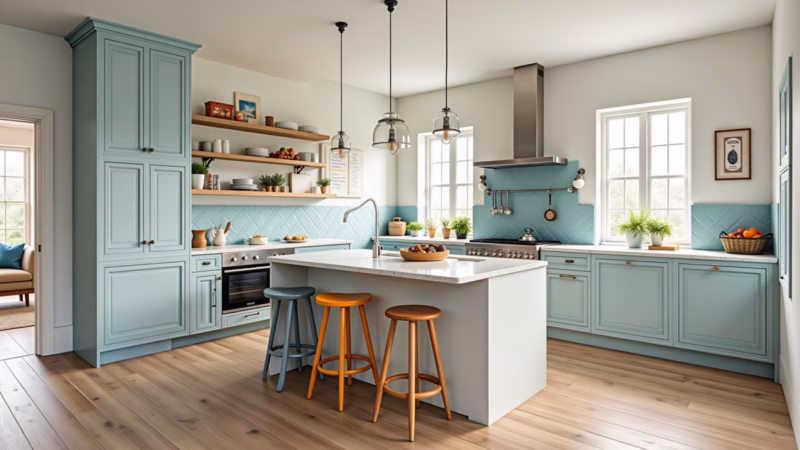 Cozinha americana candy color integrada à sala de estar.