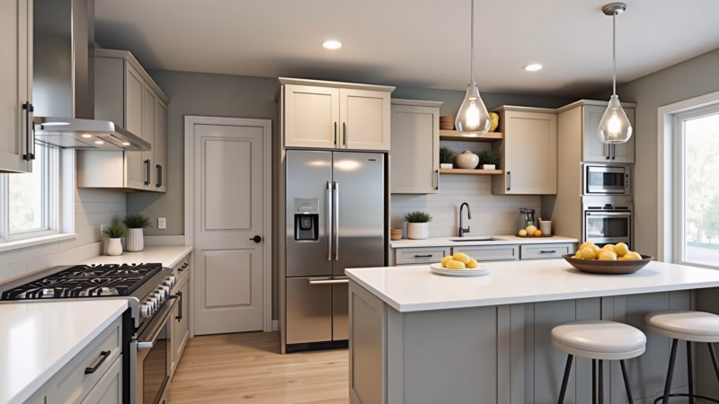 Cozinha bege e cinza com design moderno e sofisticado.