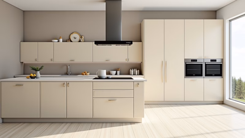 Cozinha bege e branca com design minimalista.