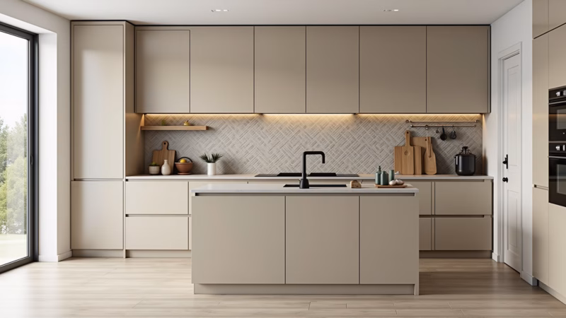 Cozinha bege com revestimento texturizado e original.
