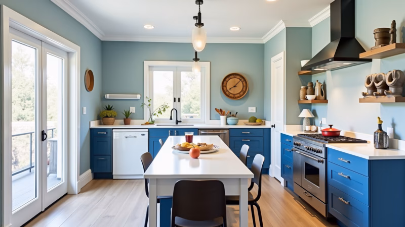 Blue and white kitchen, classic design, bright, clean, Brazilian style, natural light, 8K, Cozinha azul e branca com design clássico.