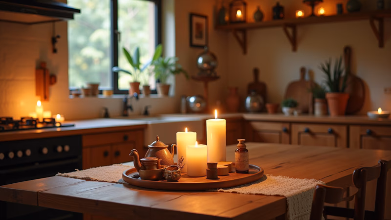 Bohemian kitchen aromatherapy, essential oils, incense, scented candles, relaxing atmosphere, 8K, Aromatização com óleos essenciais e velas perfumadas em cozinha boêmia.