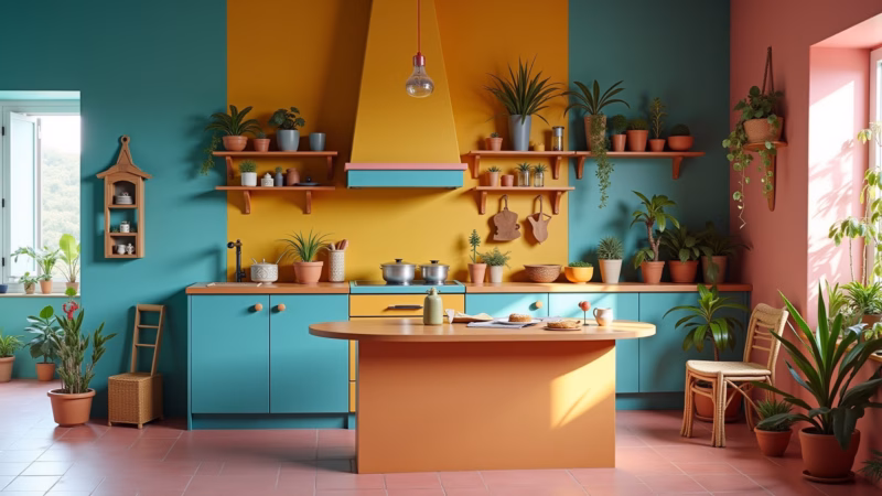 Bohemian kitchen, colorful walls, turquoise, pink, mustard yellow, natural light, plants, 8K, Cozinha boêmia com paredes coloridas em tons vibrantes.