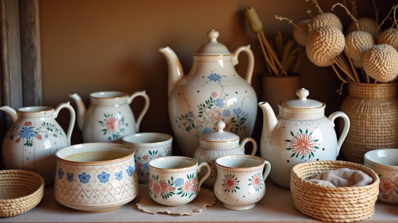 Bohemian kitchen crafts, handmade ceramics, straw baskets, embroidery, natural light, 8K, Artesanato local em cerâmicas e cestos de palha na cozinha boêmia.