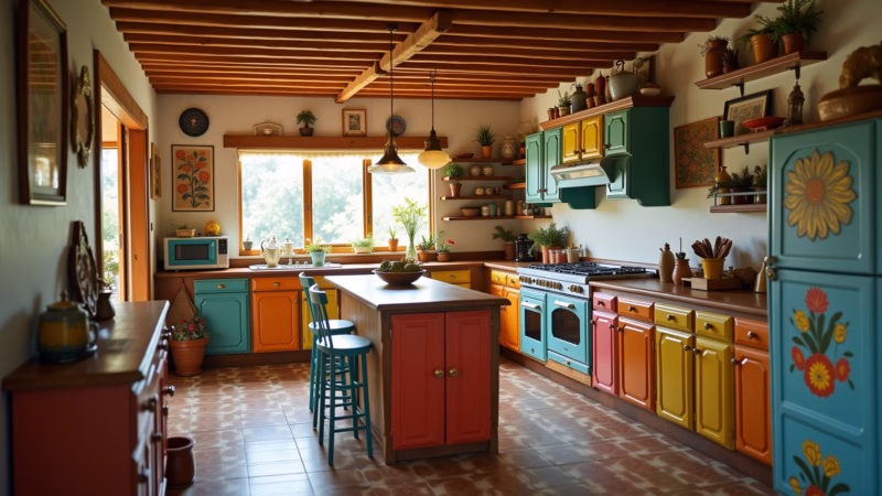 Bohemian kitchen decor, repurposed furniture, vibrant colors, natural light, 8K, professional Cozinha boêmia com móveis reaproveitados e cores vibrantes.
