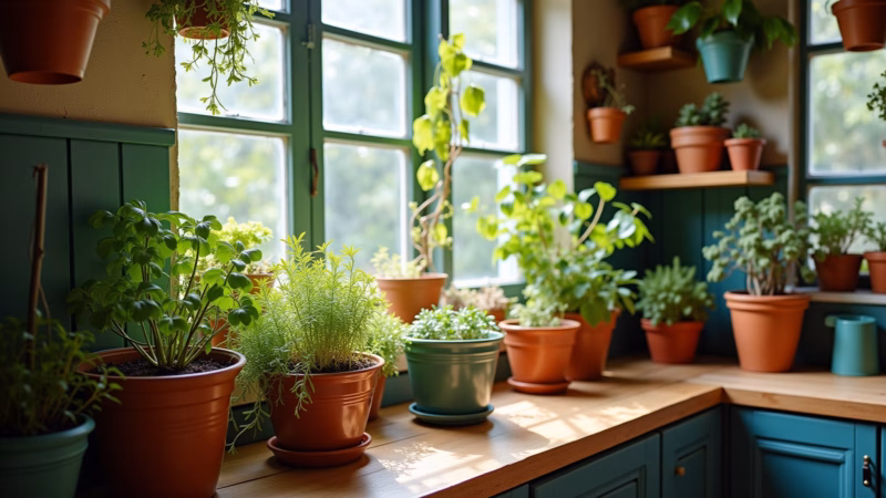 Bohemian kitchen garden, herbs, succulents, hanging plants, colorful ceramic pots, natural light, Mini jardim com ervas e suculentas em cozinha boêmia.