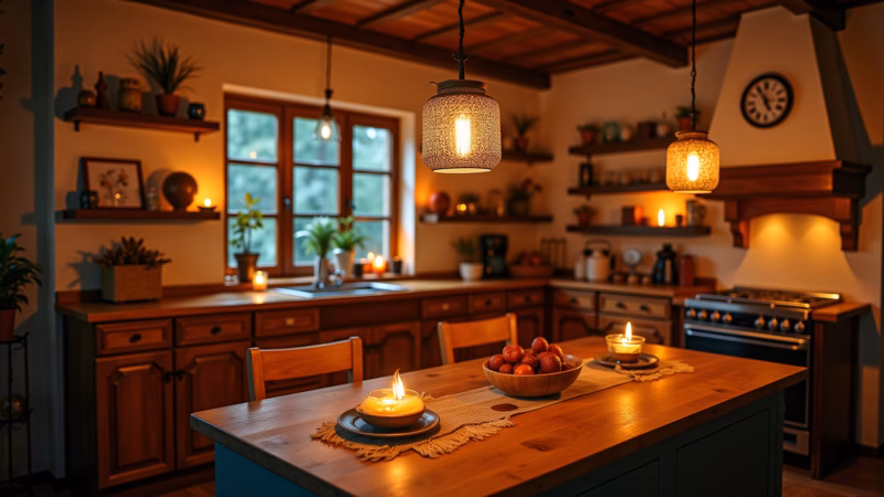 Bohemian kitchen lighting, warm light, candles, lanterns, string lights, cozy atmosphere, 8K, Iluminação aconchegante com velas e lanternas em cozinha boêmia.