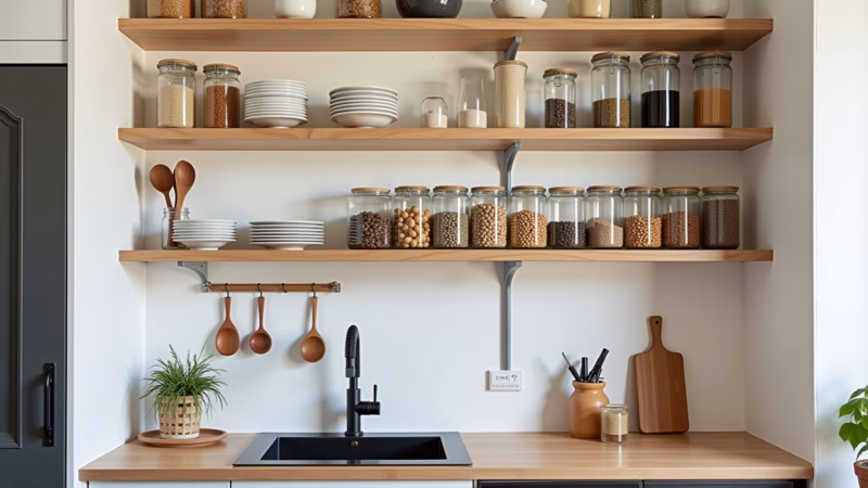 Bohemian kitchen organization, open shelves, glass jars, hooks, vertical space, 8K, professional Organização criativa com prateleiras abertas em cozinha boêmia.