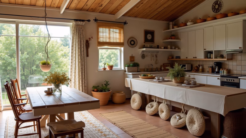 Bohemian kitchen textures, crochet pillows, woven rugs, patterned curtains, natural fabrics, 8K, Texturas e estampas em almofadas e tapetes na cozinha boêmia.