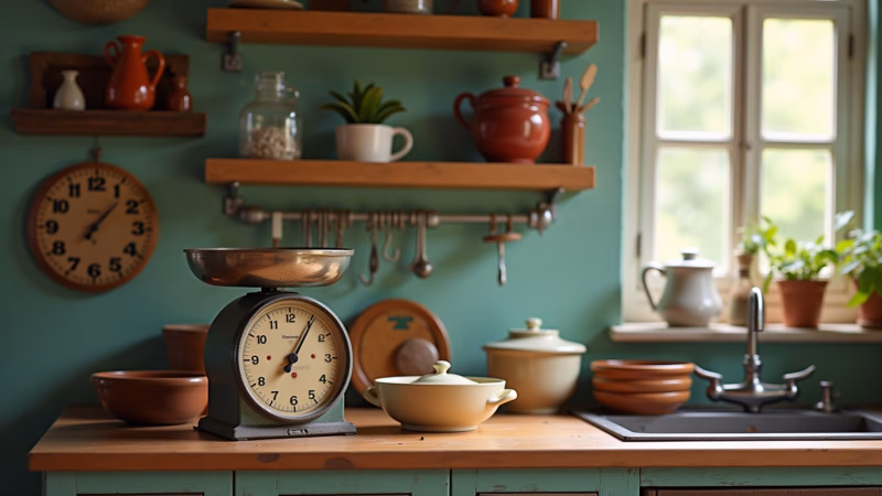 Bohemian kitchen vintage details, antique scale, ceramic pot, retro kitchenware, natural light, 8K, Detalhes vintage em balança antiga e pote de cerâmica na cozinha boêmia.