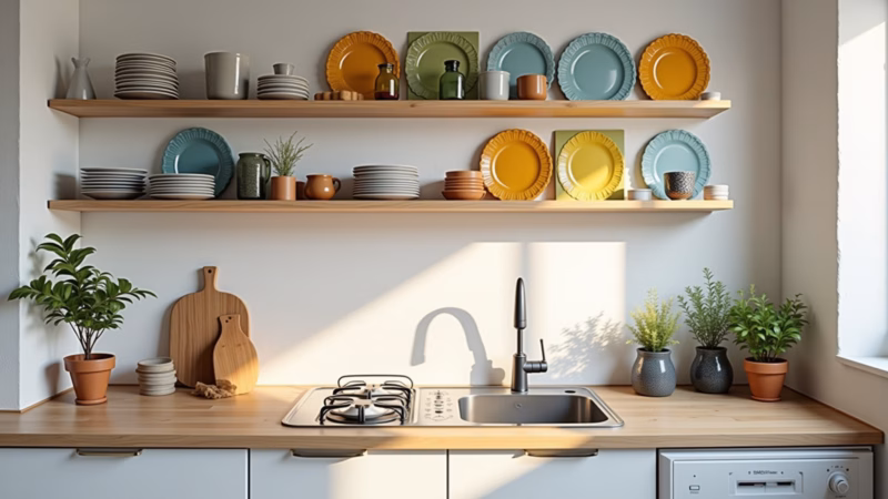 Bright, airy small kitchen, vertical storage solutions, shelves with colorful Brazilian ceramics, Cozinha pequena com prateleiras otimizadas para espaço.