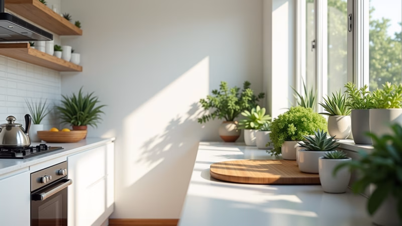 Bright white kitchen with various plants, herbs, and succulents, natural light, professional Cozinha branca com plantas e ervas aromáticas.