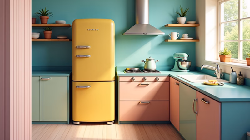 Cozinha candy color com eletrodomésticos coloridos em tons pastel.
