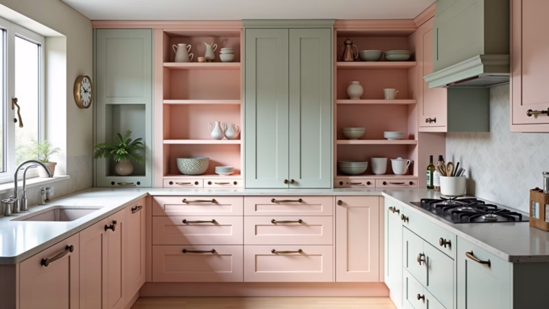 Cozinha candy color com armários planejados em tons pastel.