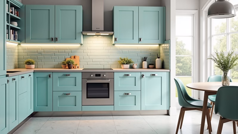 Cozinha candy color com azulejos em tons pastel.