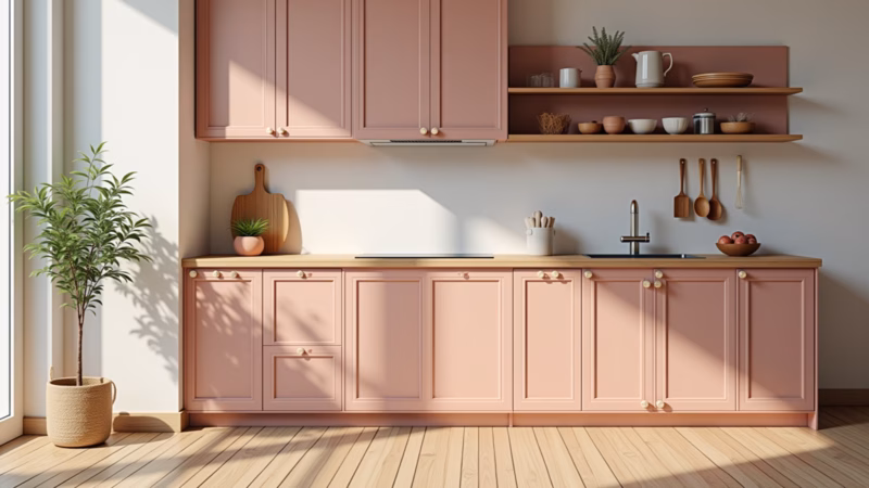 Cozinha candy color com madeira clara em armários e utensílios.