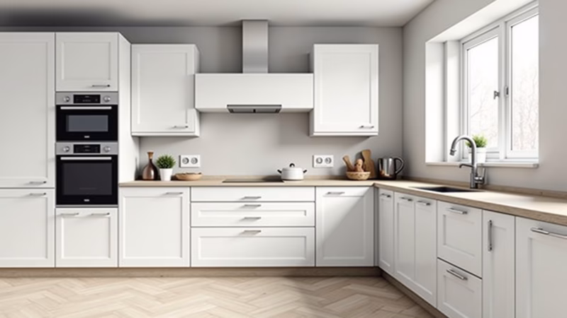 Clean kitchen, minimalist design, white cabinets, organized countertop, spacious, 8K, lifestyle Cozinha clean com design minimalista e organizado.