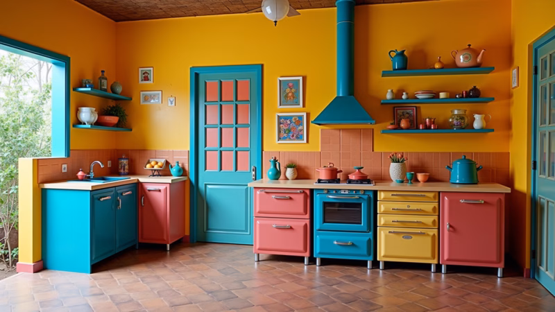 Colorful kitchen, vibrant wall, colored appliances, joyful atmosphere, Brazilian style, 8K, Cozinha colorida com parede vibrante e eletrodomésticos alegres.