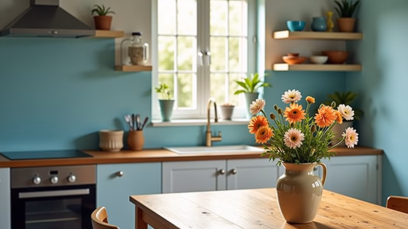 Cozy kitchen with light blue walls, natural light, wooden table, fresh flowers, Brazilian style, Cozinha aconchegante com paredes azul claro e decoração brasileira.