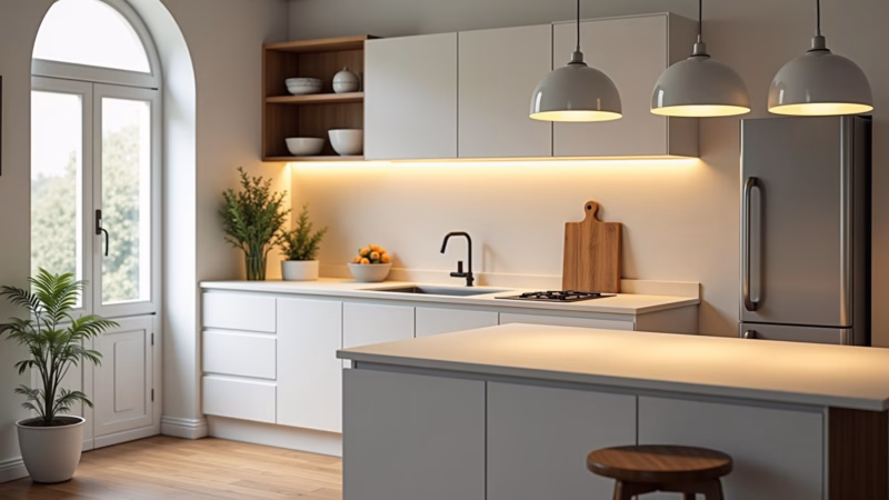 Cozinha branca com iluminação aconchegante.