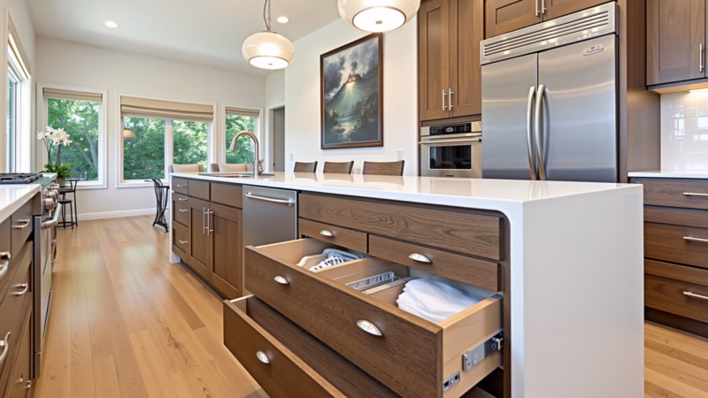 Custom kitchen design, optimized cabinets, drawers, Brazilian wood accents, modern appliances, 8K, Cozinha planejada com armários otimizados.
