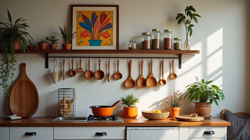 Decorated gourmet kitchen, art, colorful utensils, glass jars, plants, Brazilian style, lifestyle Decoração personalizada em cozinha gourmet com objetos e acessórios.