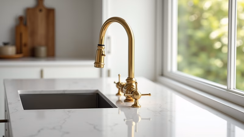 Elegant white kitchen with golden faucet and handles, natural light, sophisticated design, Cozinha branca com detalhes em metais dourados.