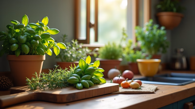 Gourmet kitchen, herb garden, basil, rosemary, fresh ingredients, natural light, Brazilian design, Plantas e temperos frescos em cozinha gourmet.