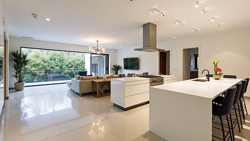 Integrated gourmet kitchen, open to living room, island, seamless design, Brazilian style, 8k, Cozinha gourmet integrada com sala de estar, criando um ambiente social.