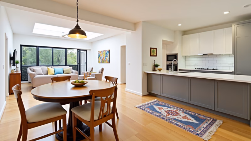 Integrated kitchen and living room, rug defining space, colorful wall art, open concept, Brazilian Cozinha integrada com sala delimitada por tapete.