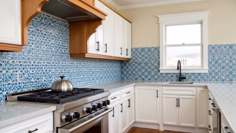 Kitchen backsplash with blue patterned tiles, white cabinets, rustic wood accents, Brazilian Azulejos azuis estampados no backsplash da cozinha.