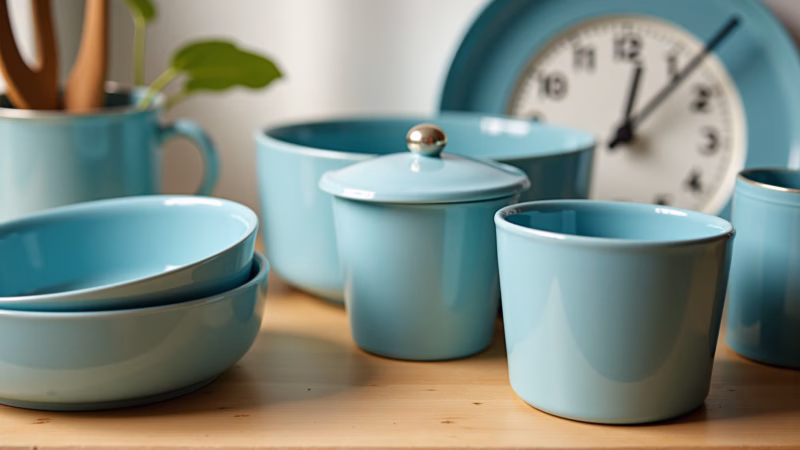 Kitchen utensils in various shades of blue, wooden countertop, natural light, organized, Brazilian Utensílios de cozinha azuis em bancada de madeira.