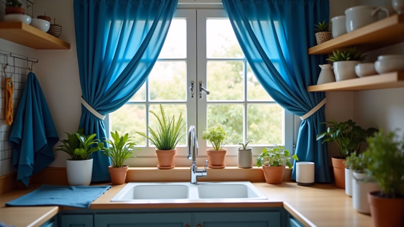 Kitchen window with blue curtains, blue dish towels, plants, natural light, cozy, Brazilian home, Cortinas azuis e panos de prato azuis na cozinha.