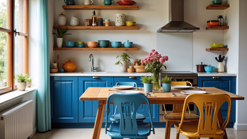 Kitchen with blue chairs, wooden table, colorful dishes, Brazilian decor, natural light, 8K, Cadeiras azuis na cozinha com mesa de madeira.