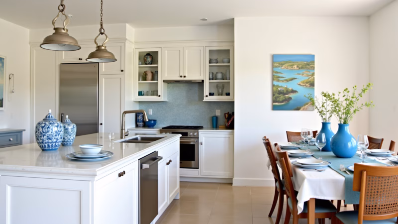 Kitchen with blue decorative accessories, vases, paintings, Brazilian art, natural light, 8K, Acessórios decorativos azuis na cozinha.