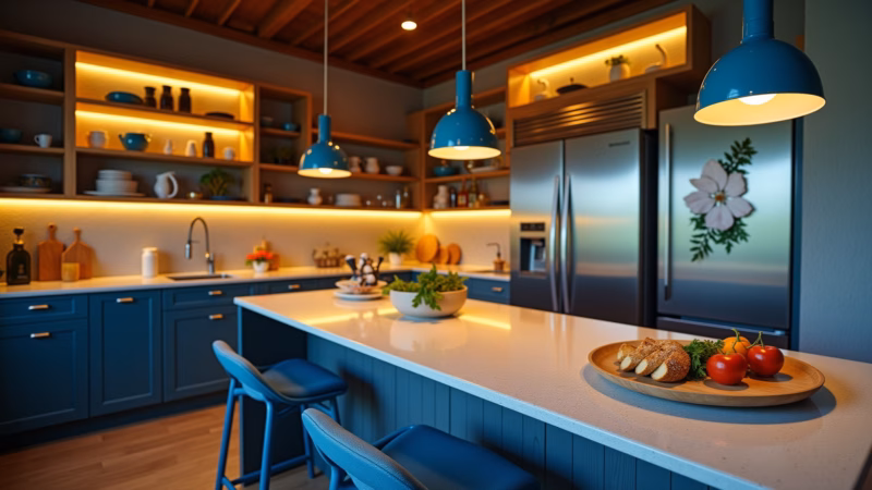 Kitchen with blue pendant lights, warm lighting, cozy atmosphere, Brazilian design, 8K, commercial Luminárias azuis pendentes na cozinha.