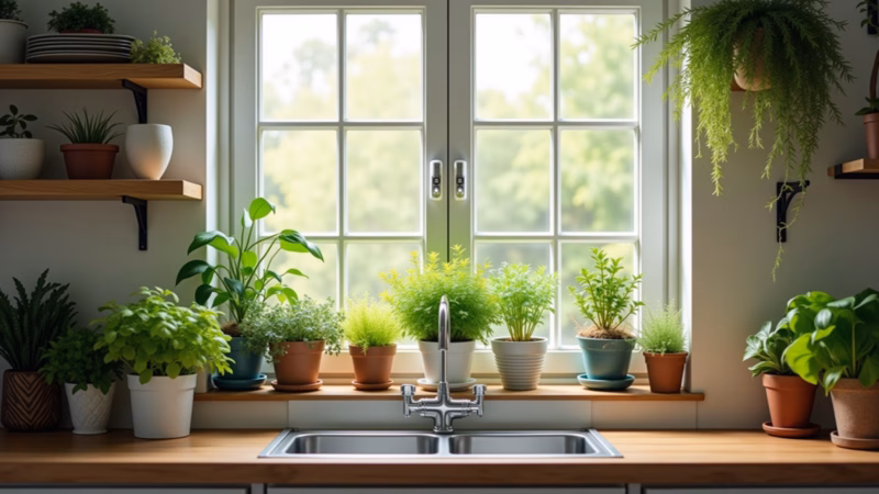 Kitchen with plants, herbs in pots, hanging plants, natural light, fresh atmosphere, 8K, Cozinha com plantas que purificam o ar.