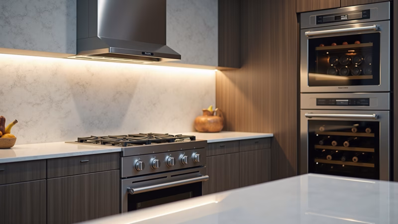 Modern gourmet kitchen appliances, stainless steel, cooktop, oven, wine fridge, professional Eletrodomésticos modernos em cozinha gourmet, incluindo cooktop e adega.