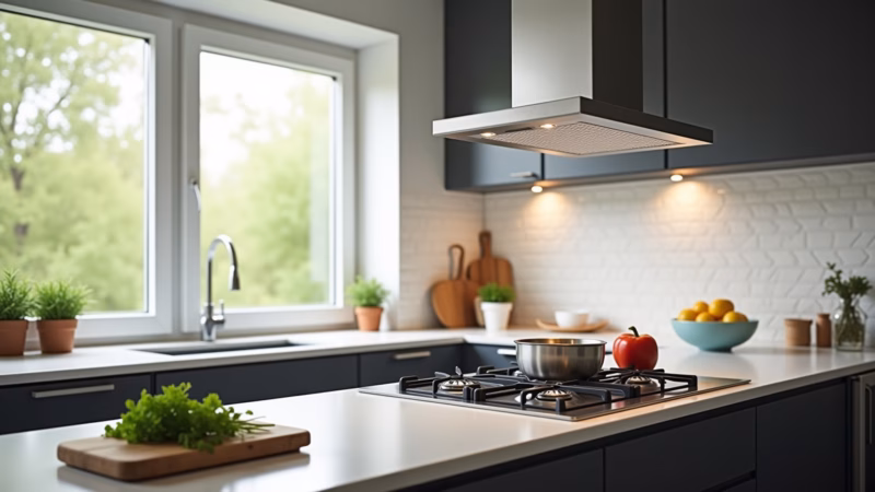 Modern kitchen, exhaust fan above stove, open window, fresh herbs on counter, airy feel, 8K Cozinha ventilada com exaustor e janela aberta.