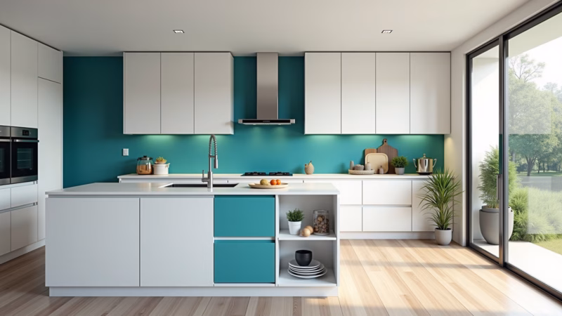 Modern white kitchen with turquoise accents, open shelves, natural light, professional photography, Cozinha branca moderna com toques de azul turquesa.