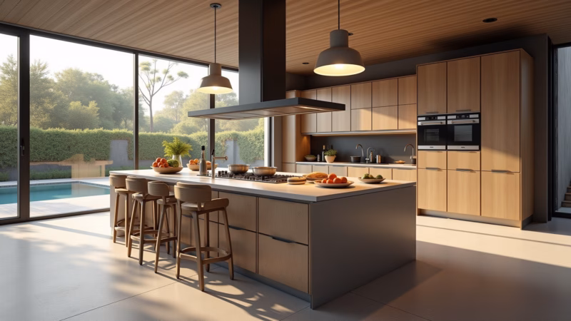 Open concept gourmet kitchen, Brazilian design, natural light, island, cooking scene, lifestyle Cozinha gourmet integrada com ilha central e iluminação natural.