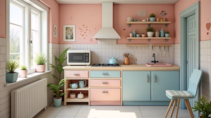 Cozinha candy color simples e barata com paredes pintadas e adesivos.