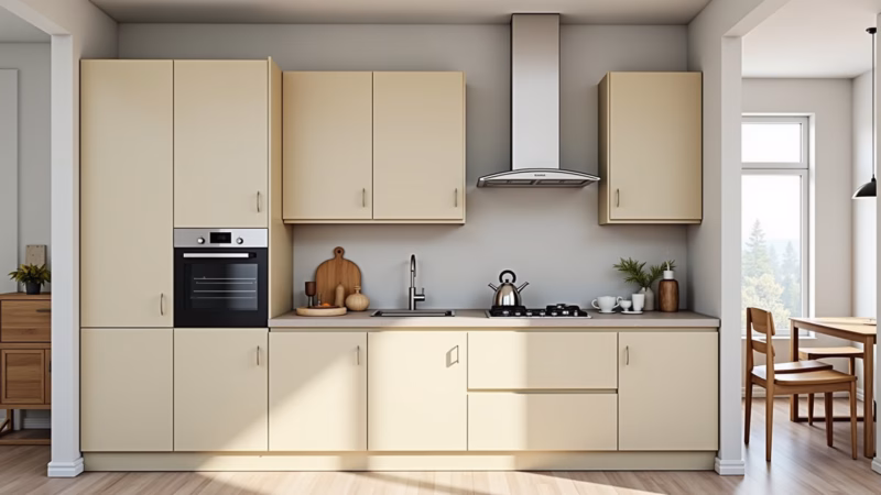 Cozinha bege pequena com soluções inteligentes de armazenamento.