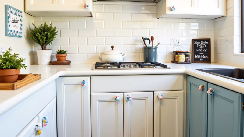 Small kitchen, DIY decor, painted cabinets, colorful knobs, photo collage, plants, budget-friendly, Cozinha pequena com decoração DIY e charmosa.