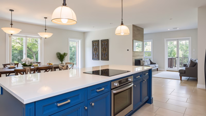 Spacious kitchen with blue island, white quartz countertop, pendant lights, open concept, Brazilian Ilha de cozinha azul com bancada de quartzo branco e iluminação pendente.
